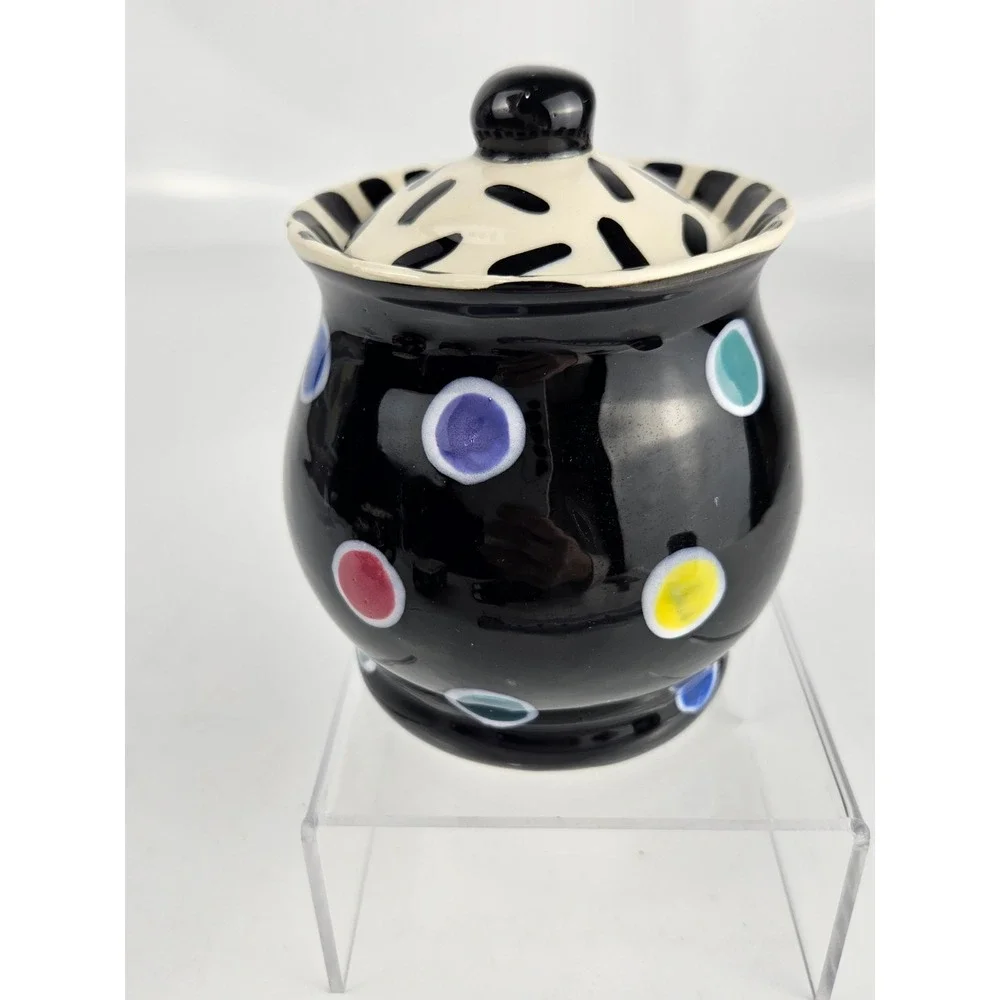 Lynn Morris Signed 3 Piece‎ Ceramic Creamer Sugar Set Polka Dot Black